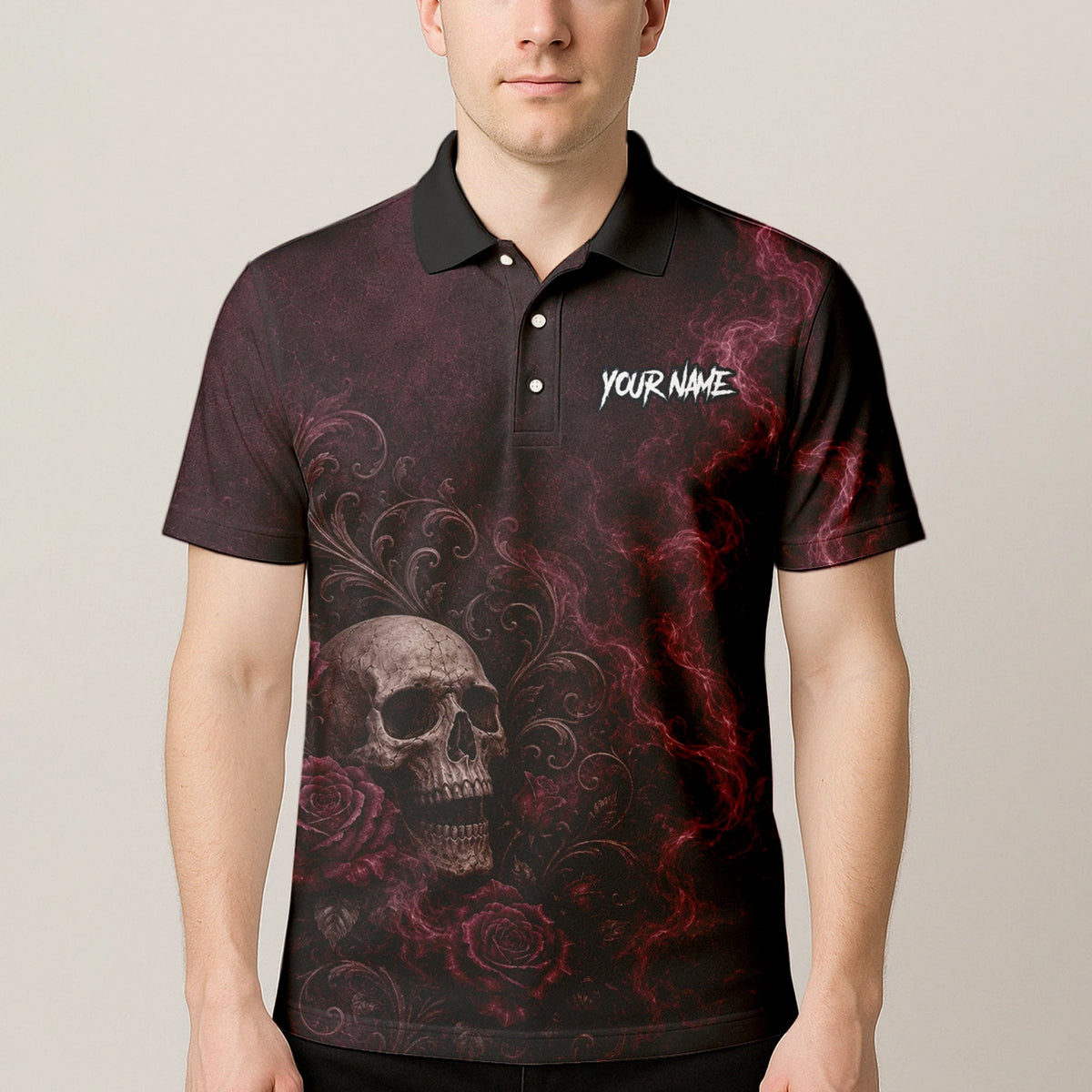 Personalised Burgundy & Black Skull Rose Darts Shirt For Men U786