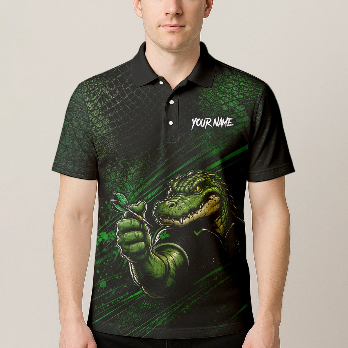 Personalised Black & Green Crocodile Darts Player Shirt For Men I987