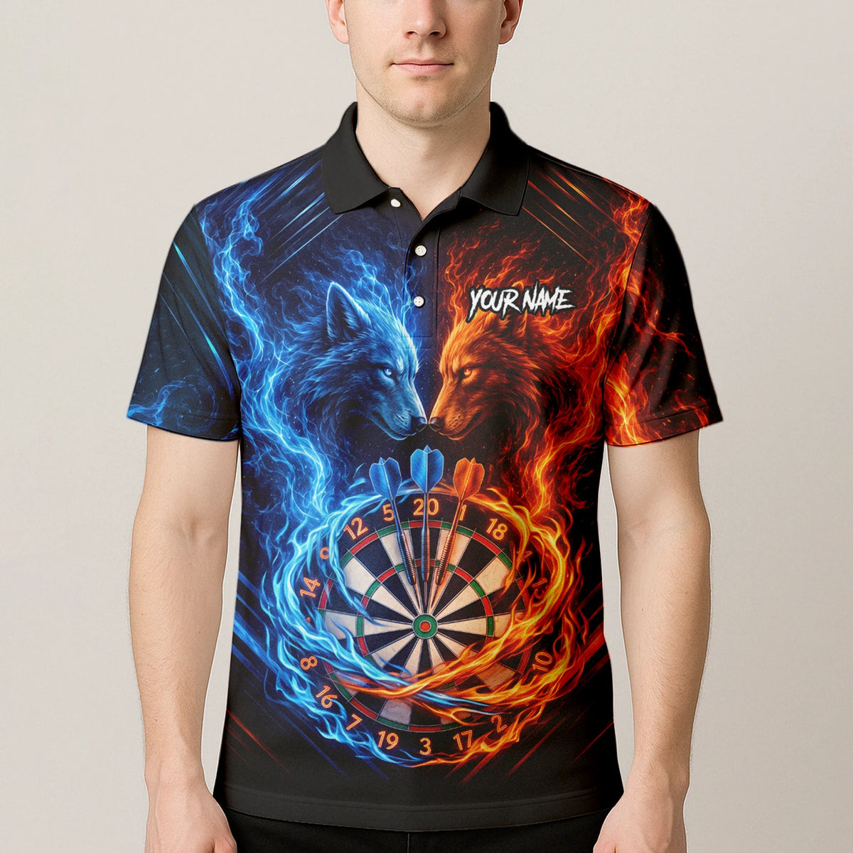 Personalised Blue & Orange Wolf Flame Dartboard Darts Shirt For Men A749