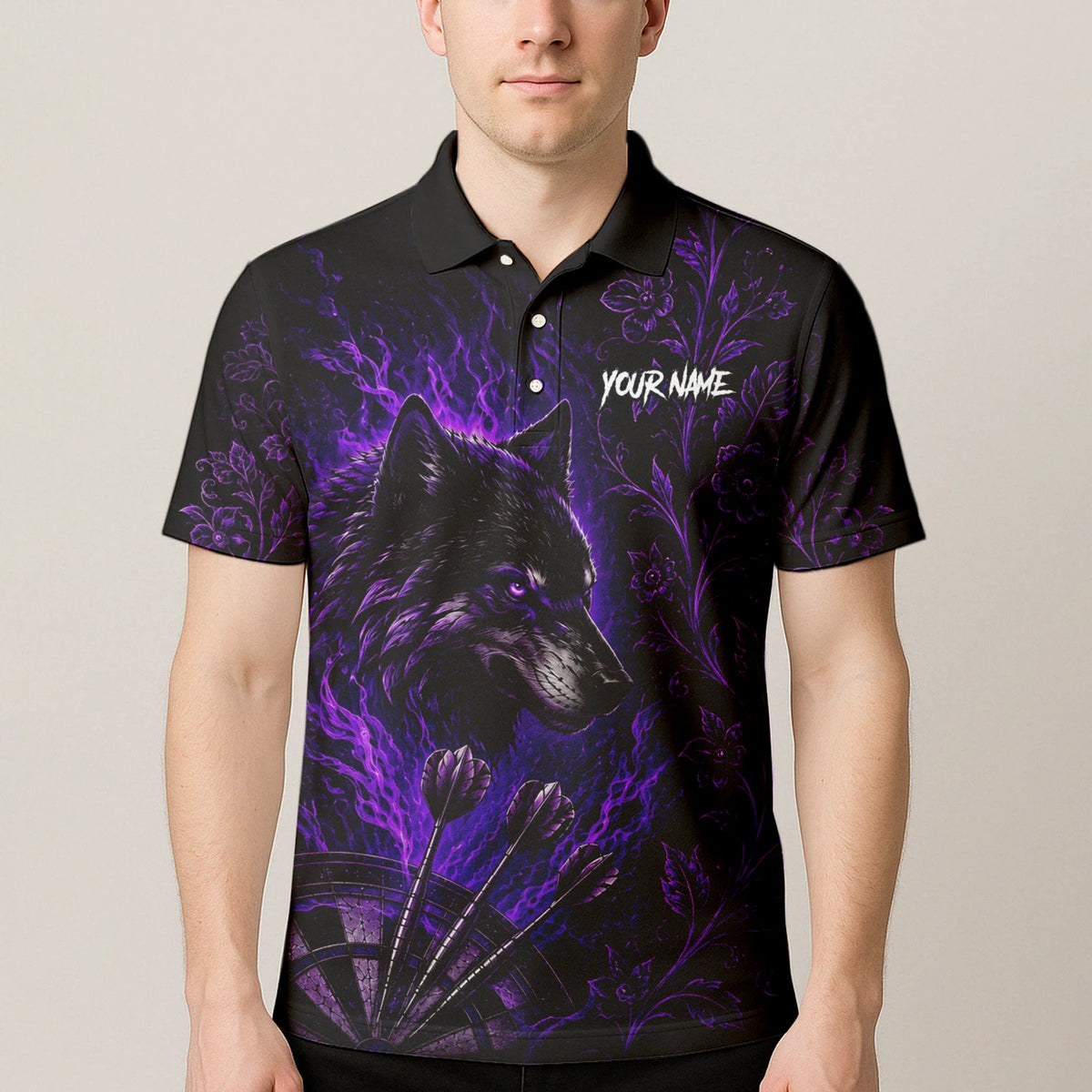 Personalised Black & Purple Wolf Dartboard Darts Shirt For Men J133