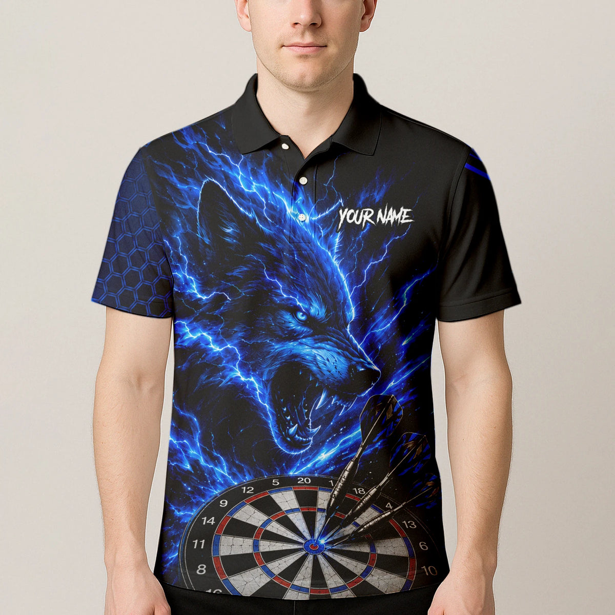 Personalised Black & Blue Wolf Lightning Darts Shirt For Men Y375