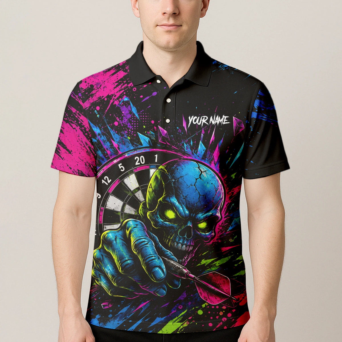 Personalised Neon Blue Green & Pink Skull Dartboard Darts Shirt For Men S232