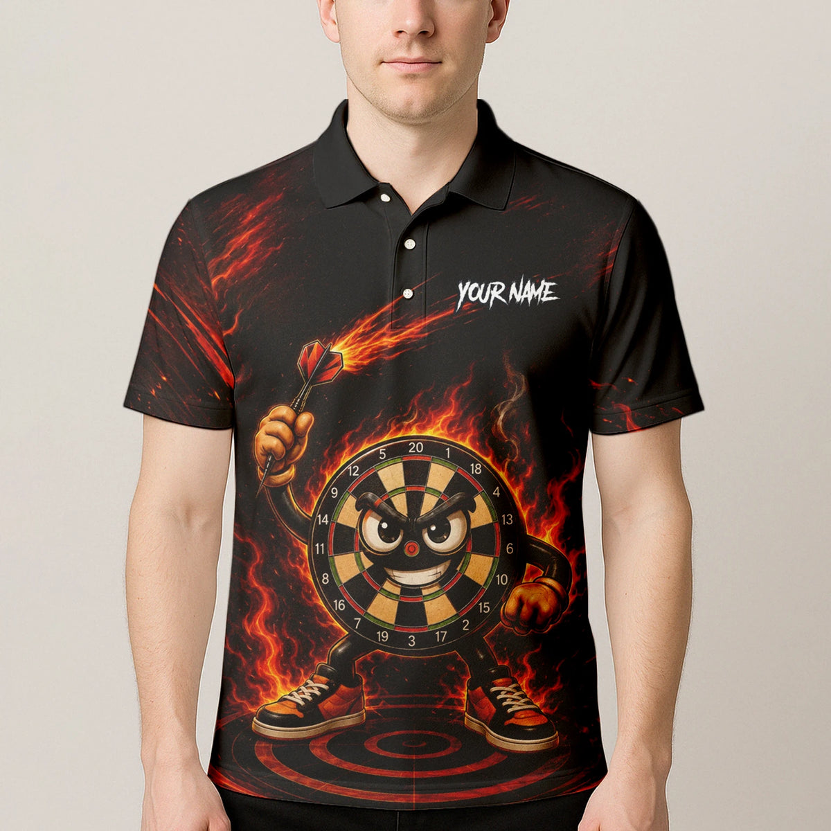 Personalised Black & Red Fiery Dartboard Character Darts Shirt For Men W224
