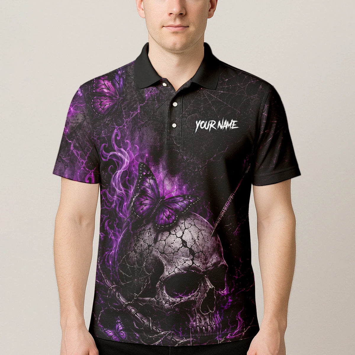 Personalised Black & Purple Skull Butterfly Darts Shirt For Men Q241