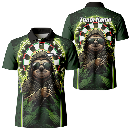 Personalised Sloth Darts Shirt for Men Green Jungle Custom Dart Jersey with Name Polo Top A2449