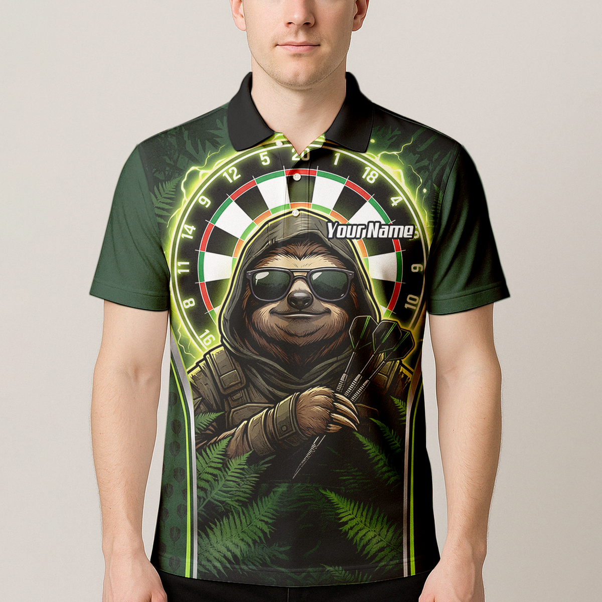 Personalised Sloth Darts Shirt for Men Green Jungle Custom Dart Jersey with Name Polo Top A2449