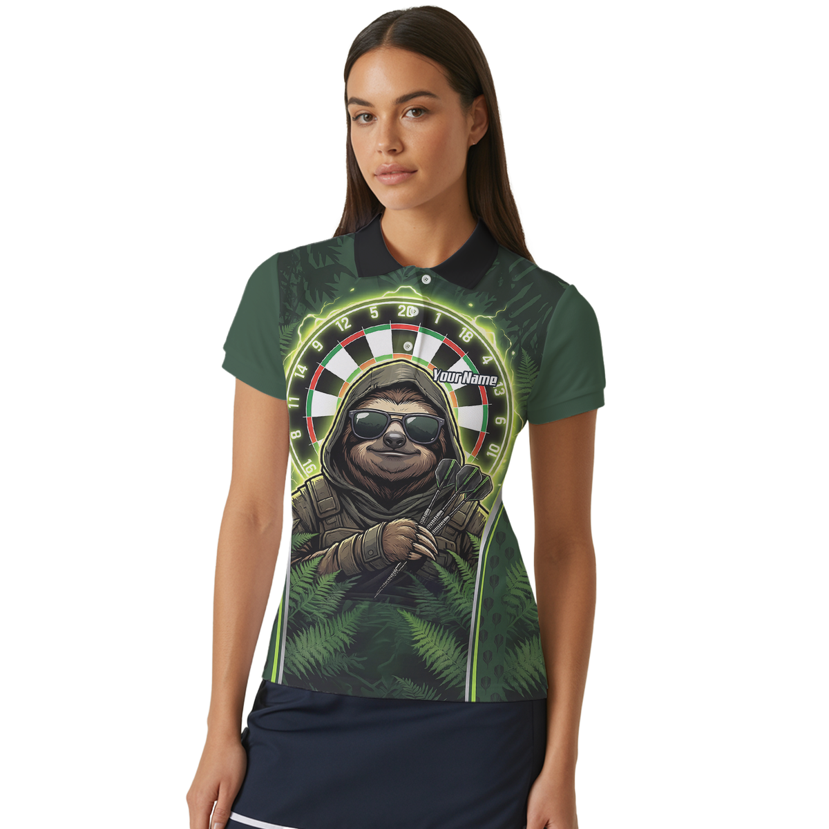 Personalised Sloth Darts Shirt for Women Green Jungle Custom Dart Jersey with Name Polo Top A2449
