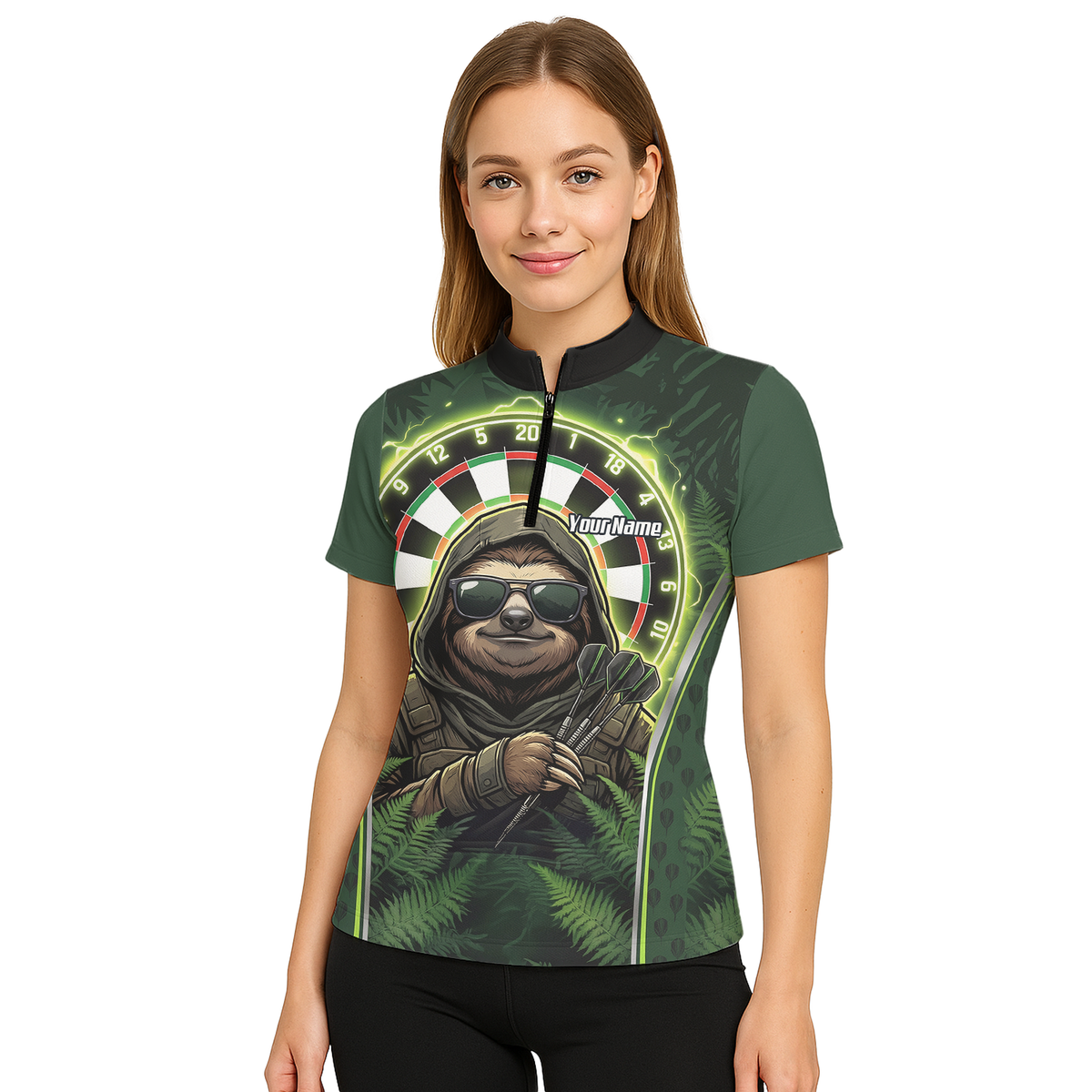 Personalised Sloth Darts Shirt for Women Green Jungle Custom Dart Jersey with Name Polo Top A2449