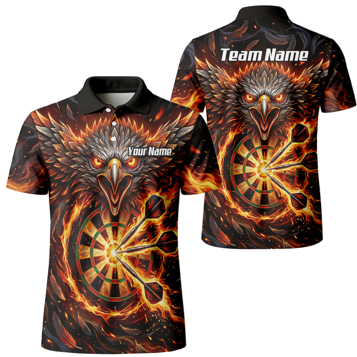 Personalised Fire Eagle Dart Jersey for Men Custom Team Name Dartboard Polo Shirt Black Orange A3134