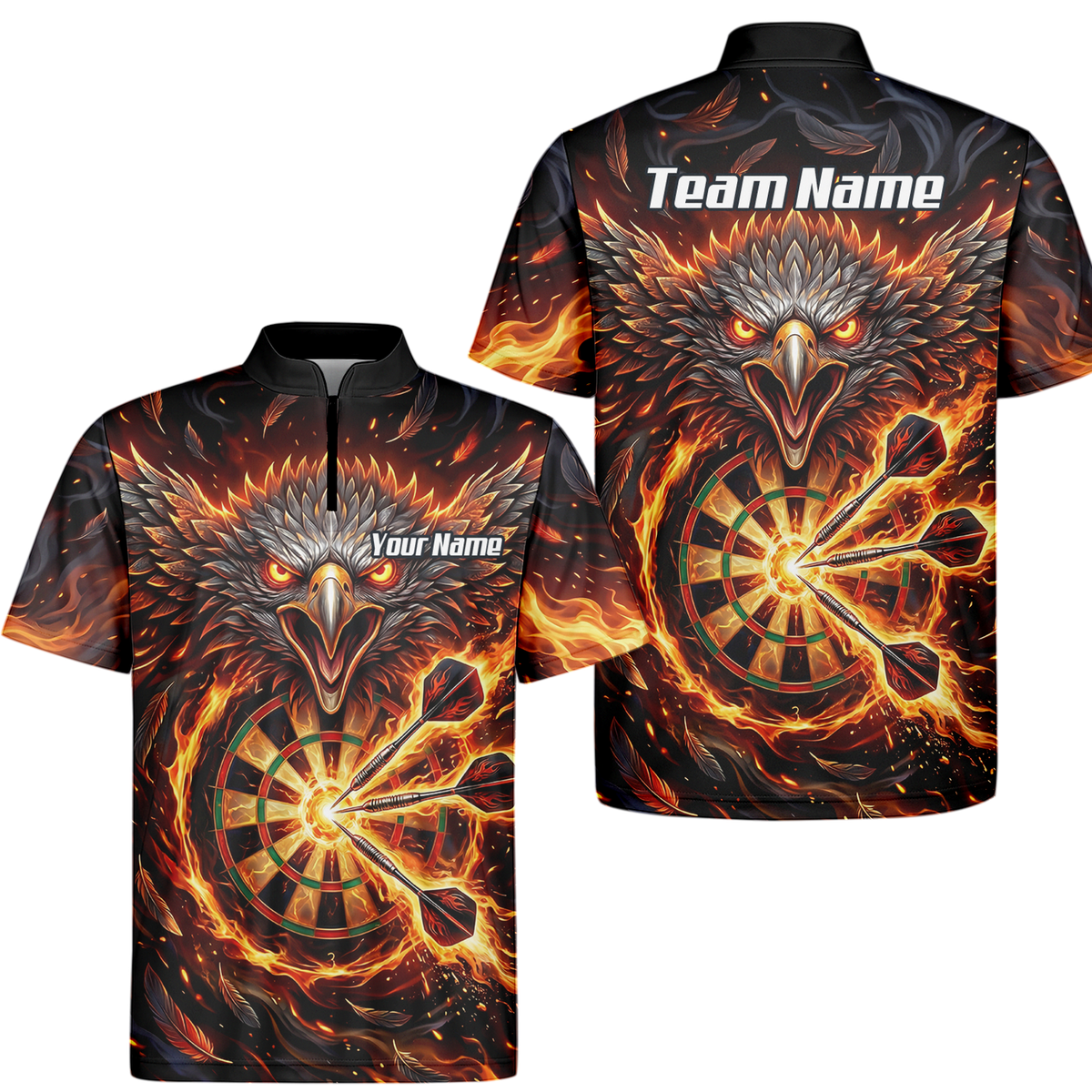 Personalised Fire Eagle Dart Jersey for Men Custom Team Name Dartboard Polo Shirt Black Orange A3134