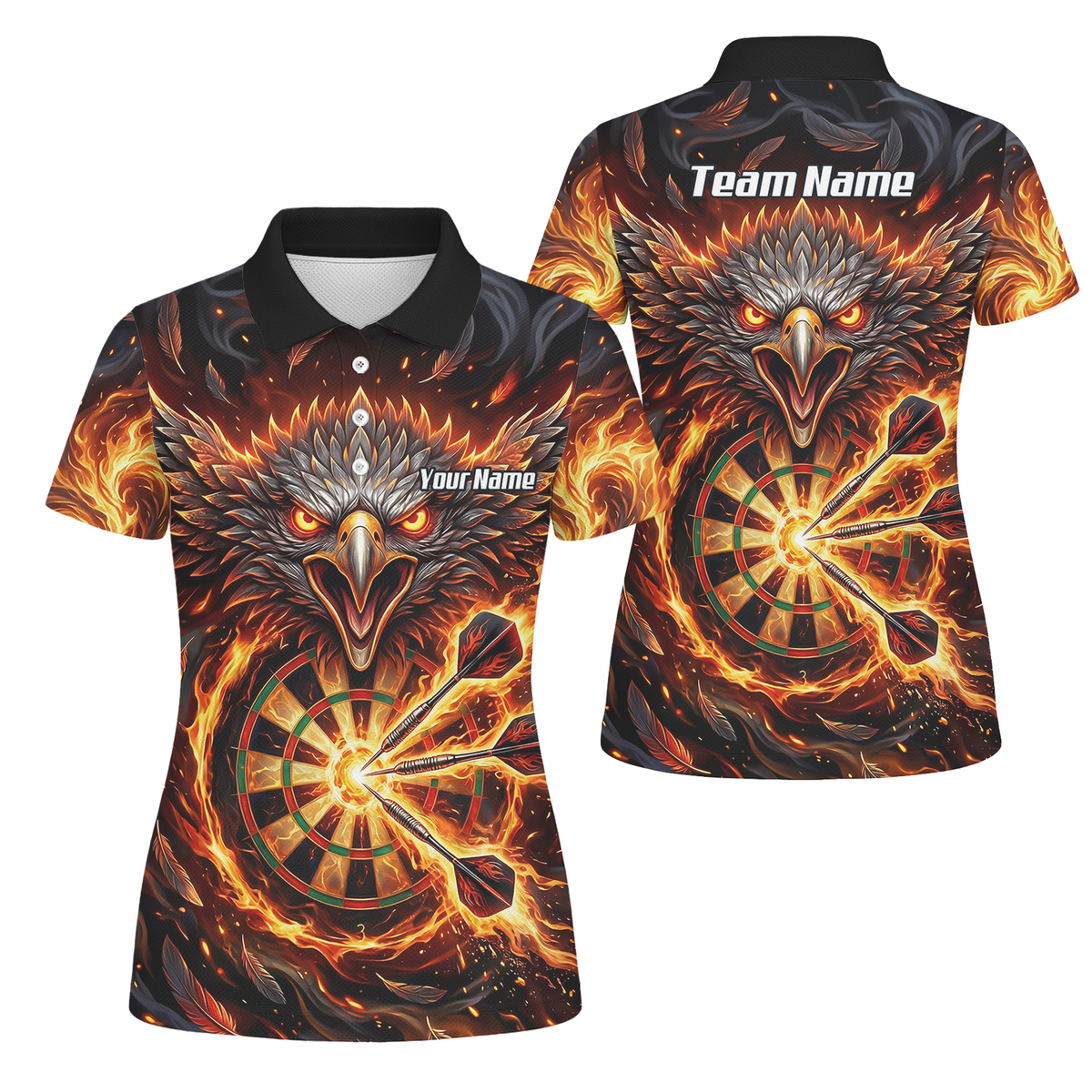 Personalised Fire Eagle Dart Jersey for Women Custom Team Name Dartboard Polo Shirt Black Orange A3134