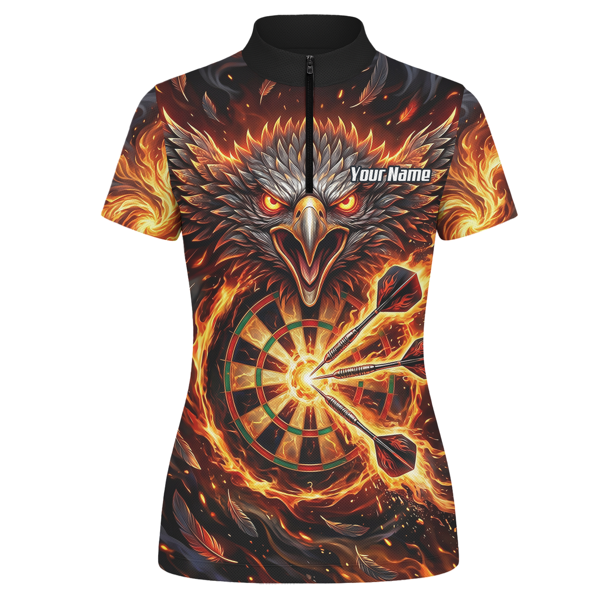 Personalised Fire Eagle Dart Jersey for Women Custom Team Name Dartboard Polo Shirt Black Orange A3134