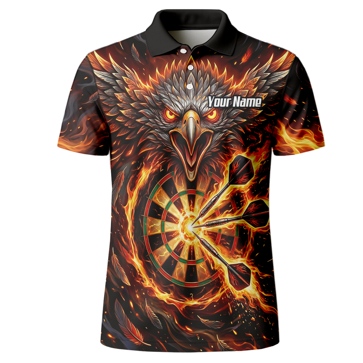 Personalised Fire Eagle Dart Jersey for Men Custom Team Name Dartboard Polo Shirt Black Orange A3134