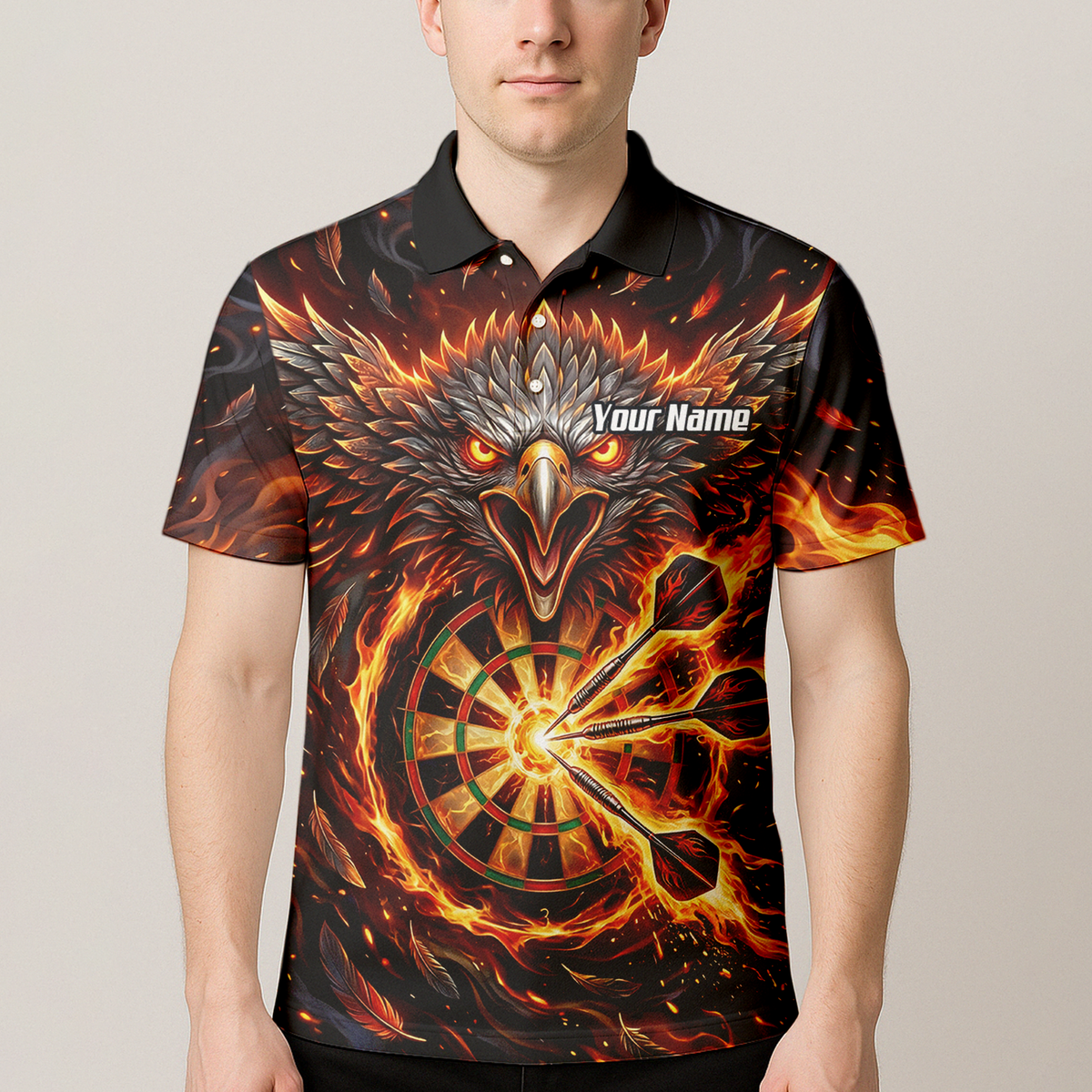 Personalised Fire Eagle Dart Jersey for Men Custom Team Name Dartboard Polo Shirt Black Orange A3134