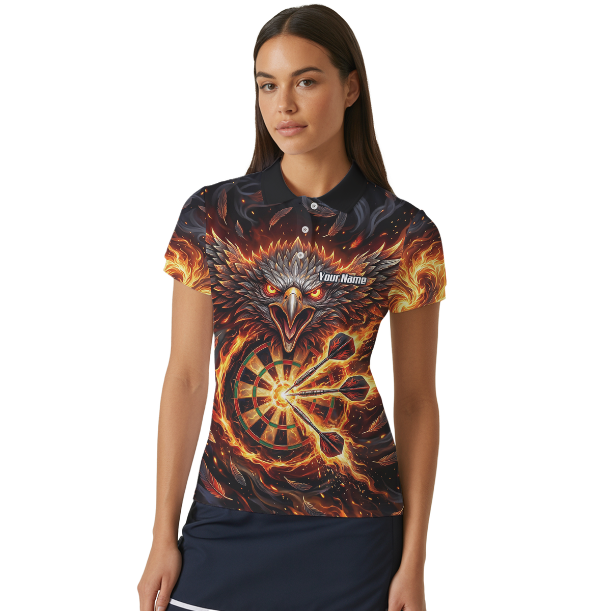 Personalised Fire Eagle Dart Jersey for Women Custom Team Name Dartboard Polo Shirt Black Orange A3134