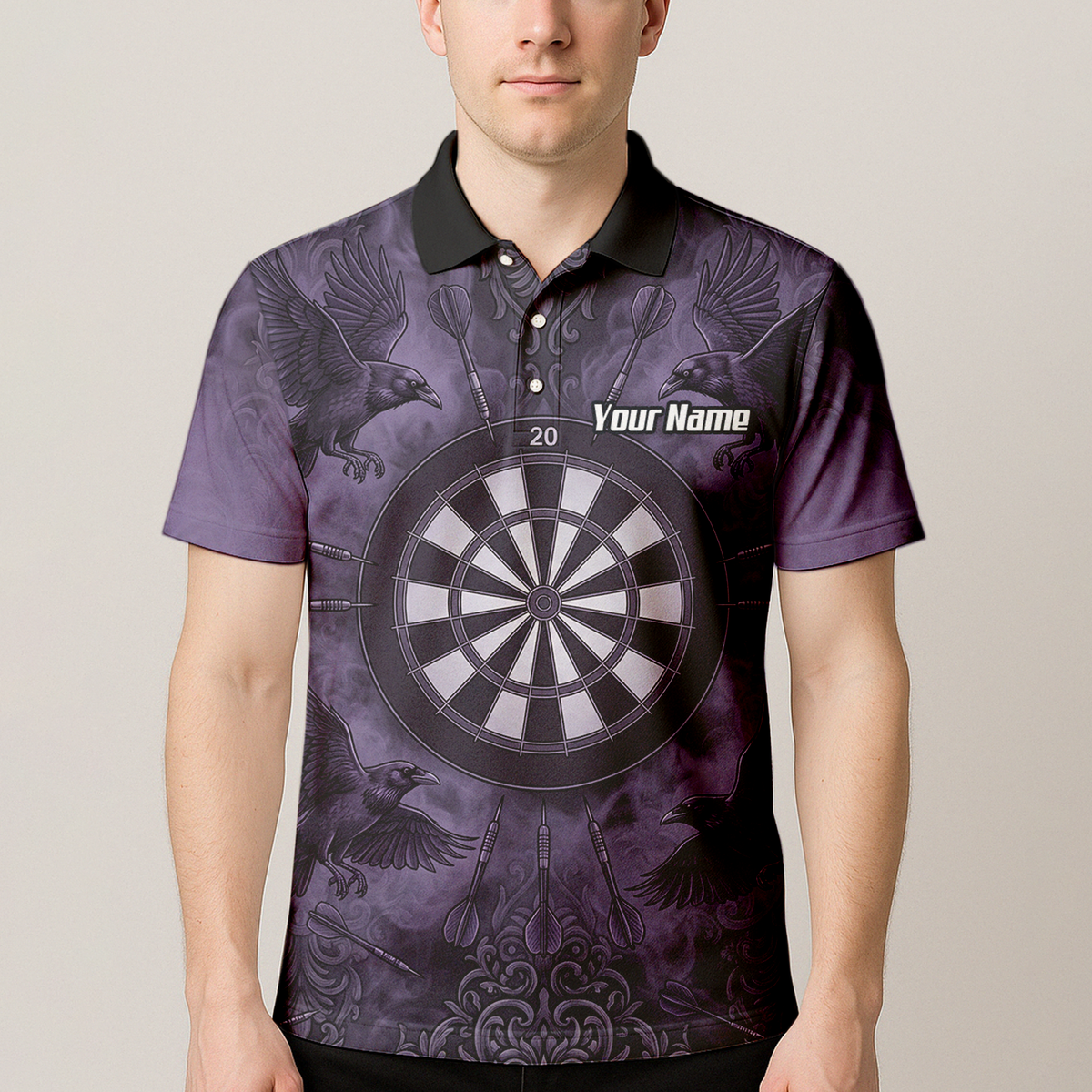 Personalised Raven Dart Jersey for Men Purple Black Smoke Design Custom Darts Polo Shirt A3714