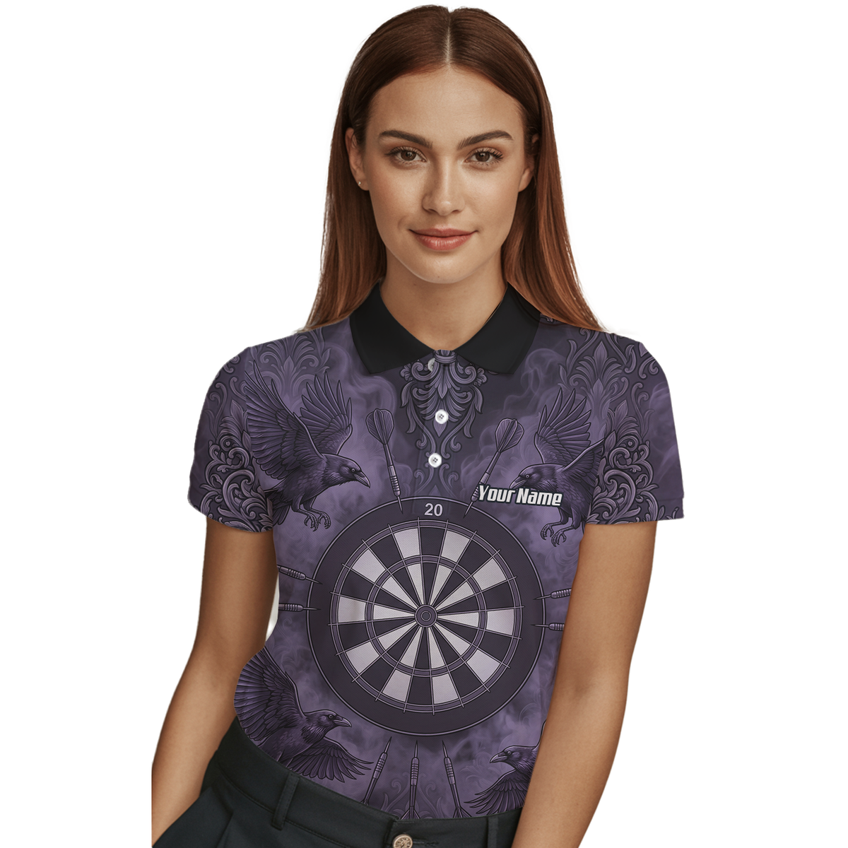 Personalised Raven Dart Jersey for Women Purple Black Smoke Design Custom Darts Polo Shirt A3714