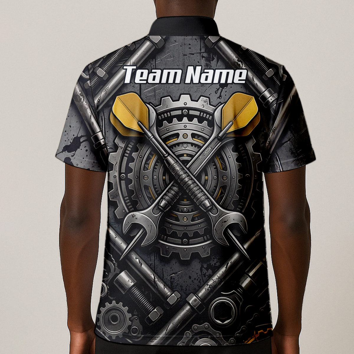 Personalised Men's Industrial Gear Dart Jersey Custom Name Mechanical Spanner Design Dart Shirt Black Yellow Polo A4038