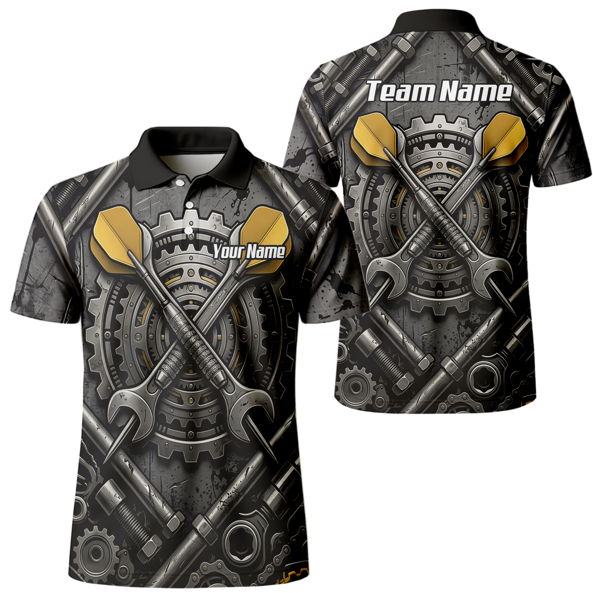 Personalised Men's Industrial Gear Dart Jersey Custom Name Mechanical Spanner Design Dart Shirt Black Yellow Polo A4038