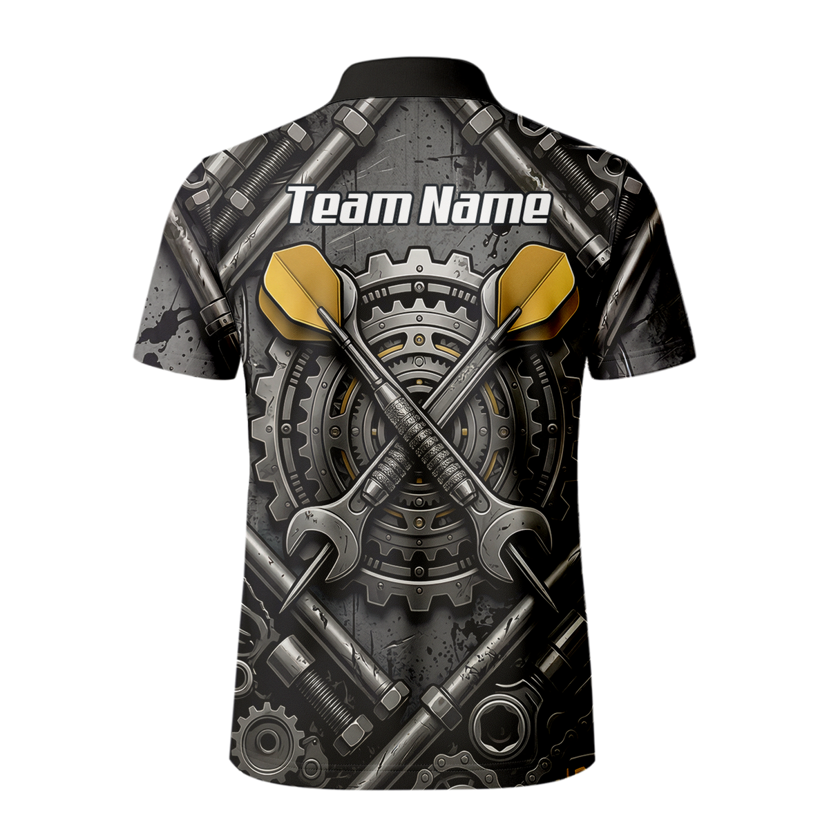 Personalised Men's Industrial Gear Dart Jersey Custom Name Mechanical Spanner Design Dart Shirt Black Yellow Polo A4038