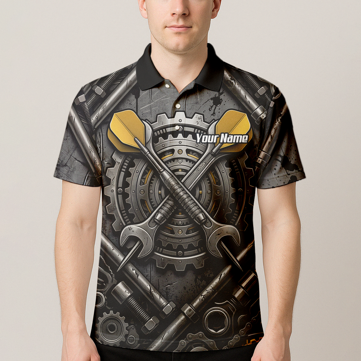 Personalised Men's Industrial Gear Dart Jersey Custom Name Mechanical Spanner Design Dart Shirt Black Yellow Polo A4038