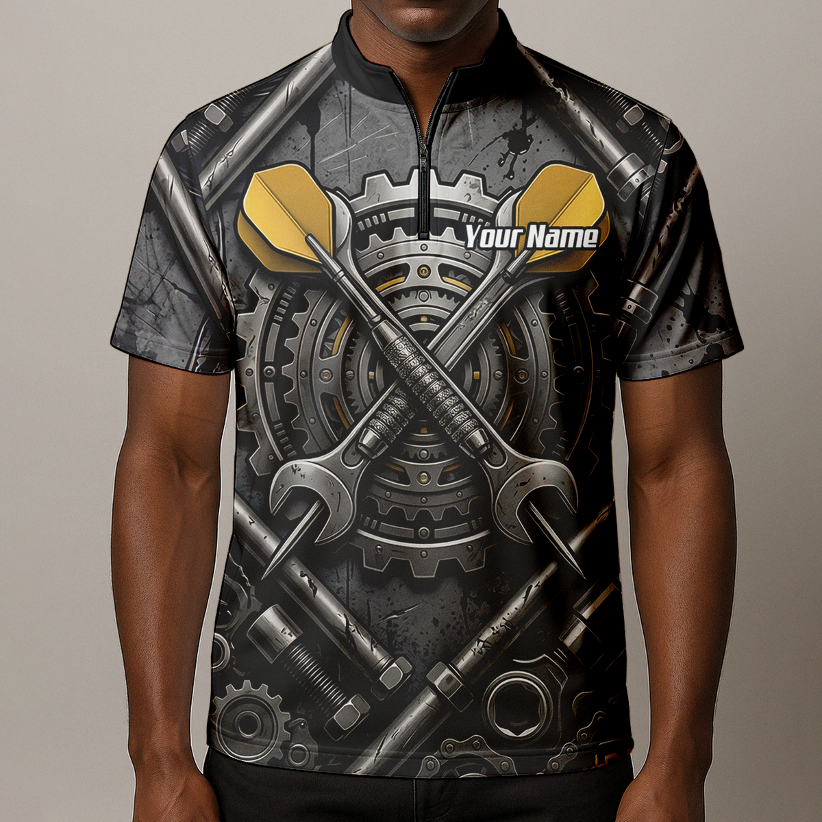 Personalised Men's Industrial Gear Dart Jersey Custom Name Mechanical Spanner Design Dart Shirt Black Yellow Polo A4038