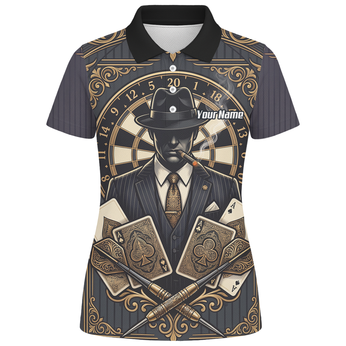 Personalised Gangster Dart Jersey For Women Custom Poker Cards Design Black Gold Dart Shirt Polo A7182