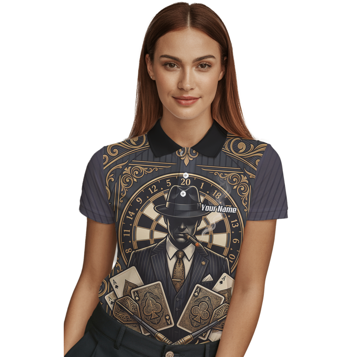 Personalised Gangster Dart Jersey For Women Custom Poker Cards Design Black Gold Dart Shirt Polo A7182