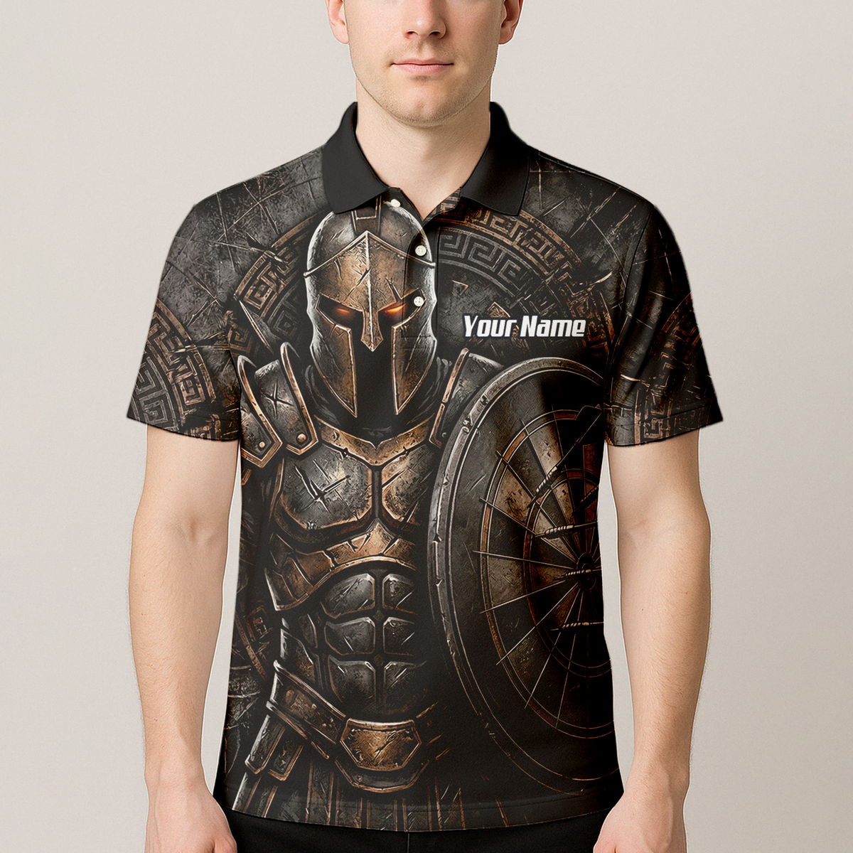 Personalised Spartan Warrior Dart Jersey for Men Custom Bronze Gladiator Design Polo Shirt Black A8783