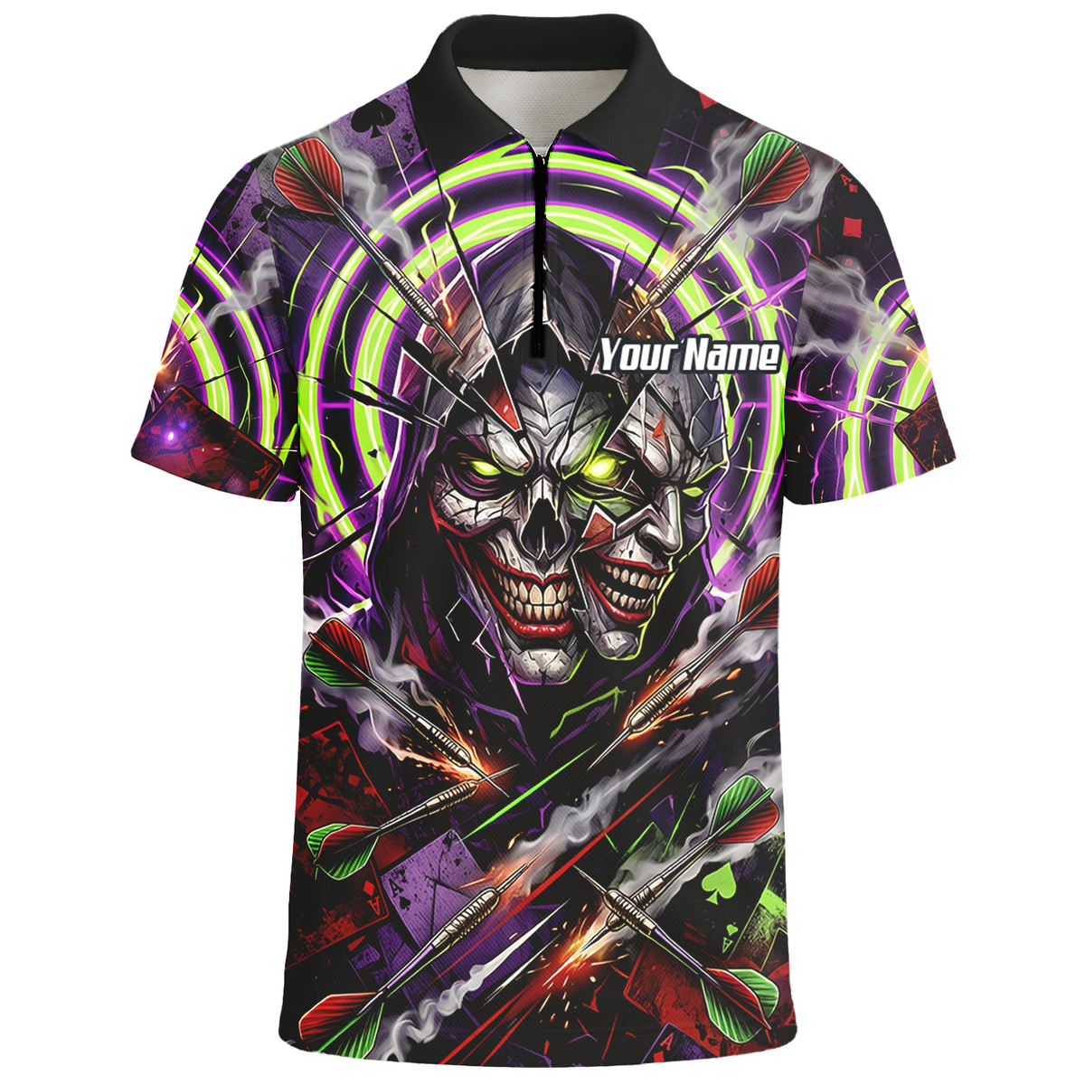 Personalised Men's Dart Jersey Custom Evil Joker Skull Dart Shirt Purple Neon Green Polo B1668