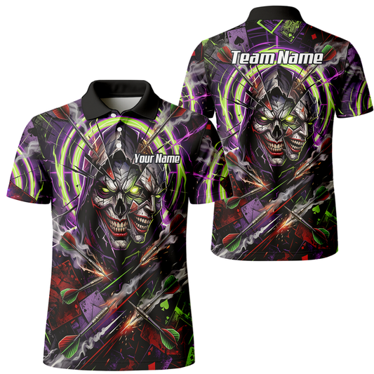 Personalised Men's Dart Jersey Custom Evil Joker Skull Dart Shirt Purple Neon Green Polo B1668