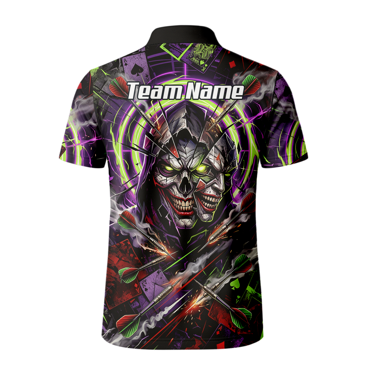 Personalised Men's Dart Jersey Custom Evil Joker Skull Dart Shirt Purple Neon Green Polo B1668