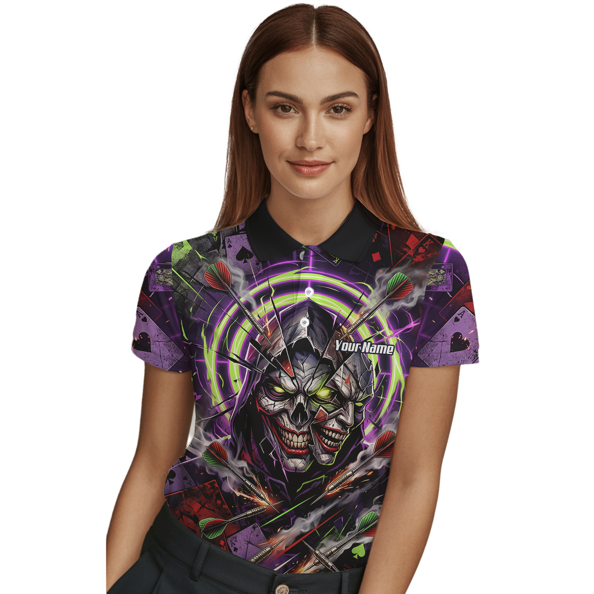 Personalised Women's Dart Jersey Custom Evil Joker Skull Dart Shirt Purple Neon Green Polo B1668