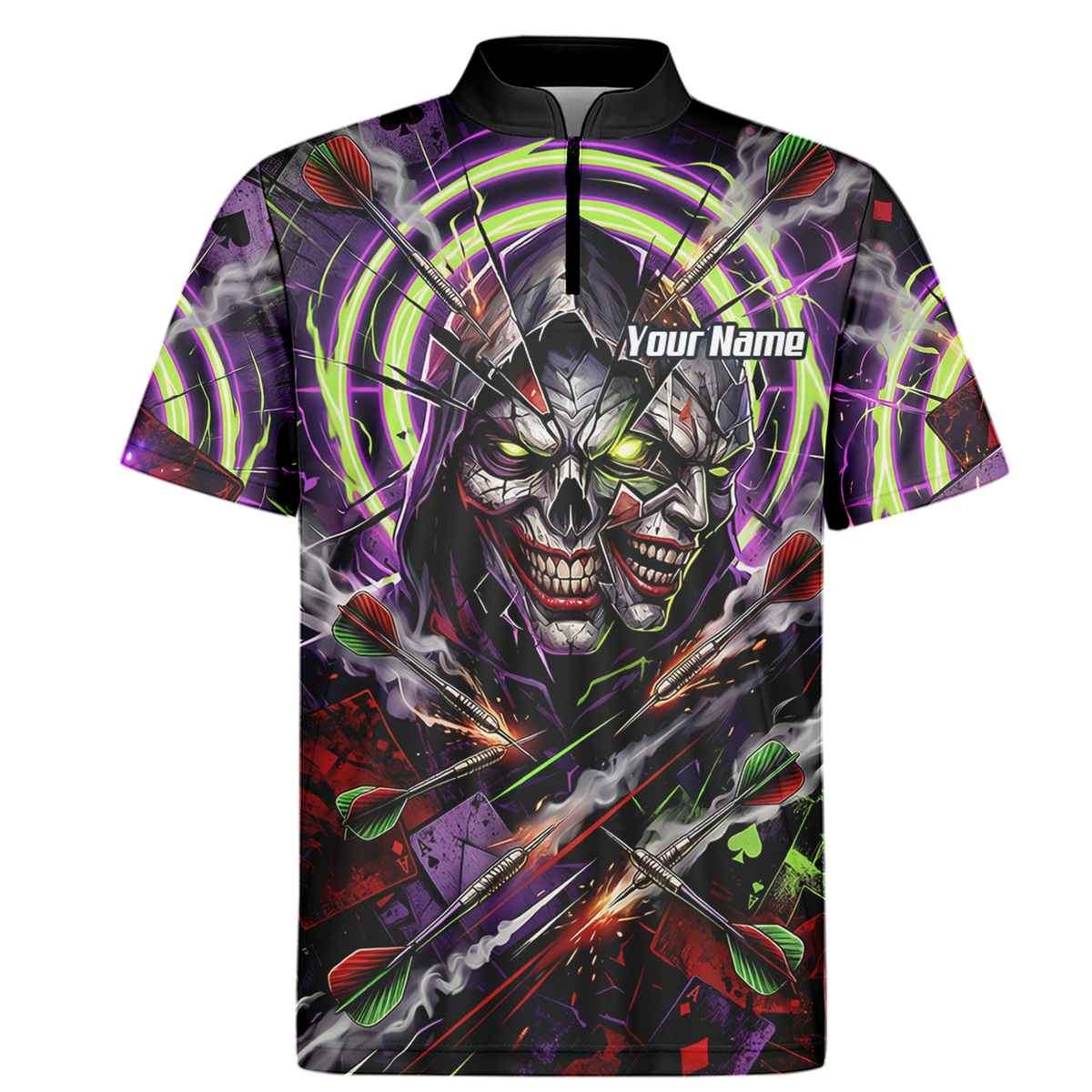 Personalised Men's Dart Jersey Custom Evil Joker Skull Dart Shirt Purple Neon Green Polo B1668