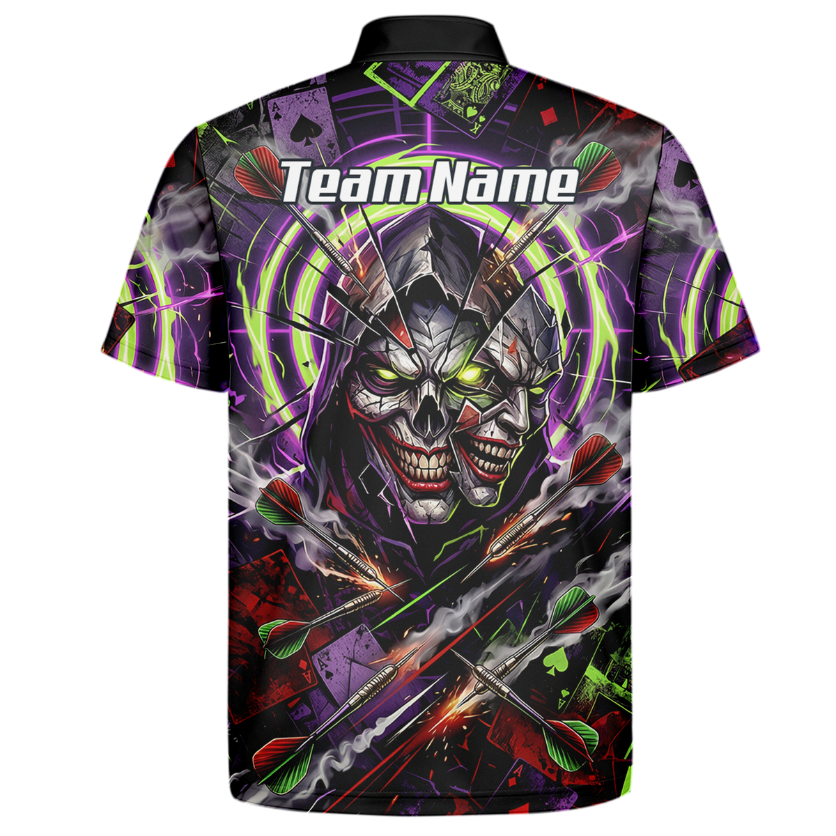 Personalised Men's Dart Jersey Custom Evil Joker Skull Dart Shirt Purple Neon Green Polo B1668
