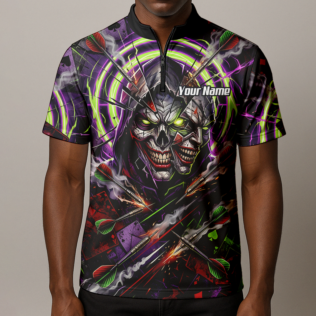 Personalised Men's Dart Jersey Custom Evil Joker Skull Dart Shirt Purple Neon Green Polo B1668