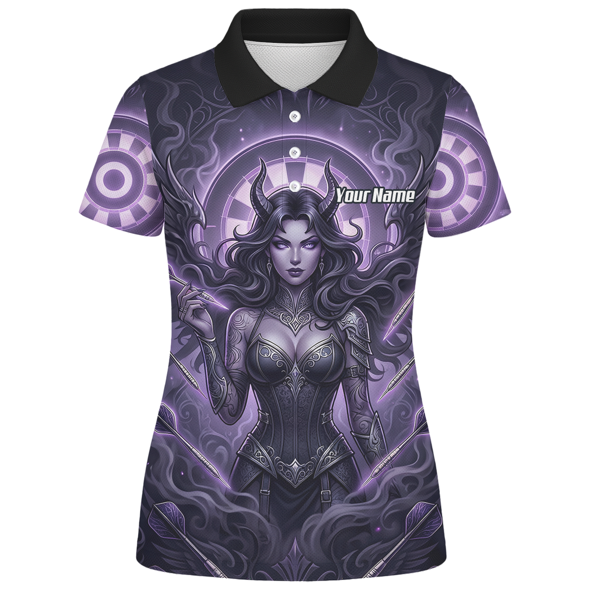 Personalised Purple Demon Queen Dart Jersey for Women, Custom Gothic Fantasy Darts Shirt Polo Neck B5075
