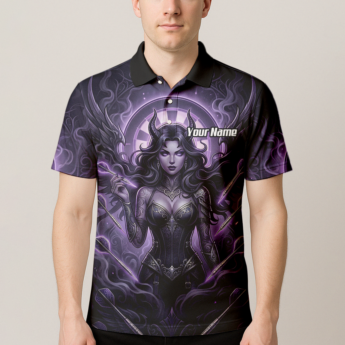 Personalised Purple Demon Queen Dart Jersey for Men, Custom Gothic Fantasy Darts Shirt Polo Neck B5075