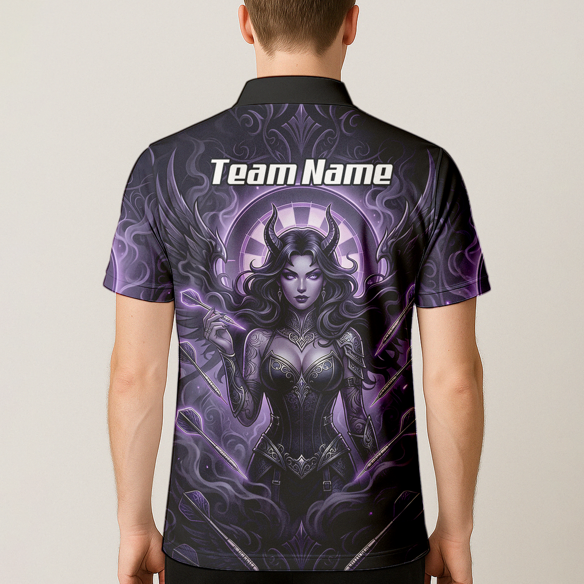 Personalised Purple Demon Queen Dart Jersey for Men, Custom Gothic Fantasy Darts Shirt Polo Neck B5075