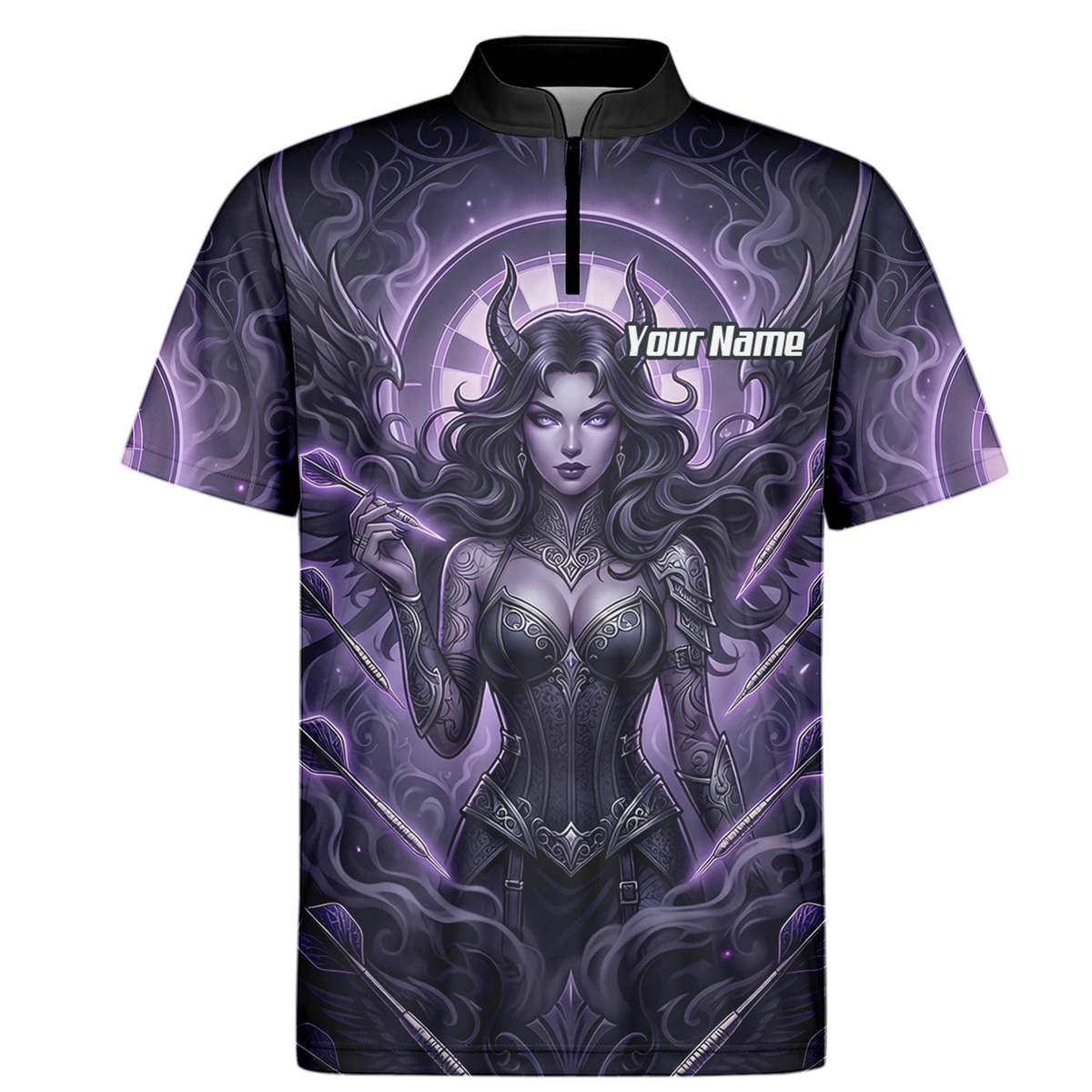 Personalised Purple Demon Queen Dart Jersey for Men, Custom Gothic Fantasy Darts Shirt Polo Neck B5075