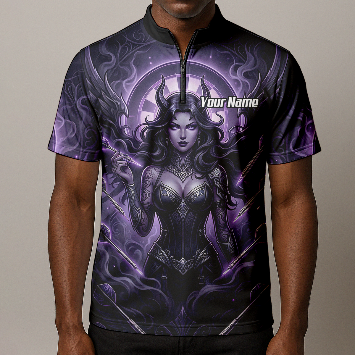 Personalised Purple Demon Queen Dart Jersey for Men, Custom Gothic Fantasy Darts Shirt Polo Neck B5075