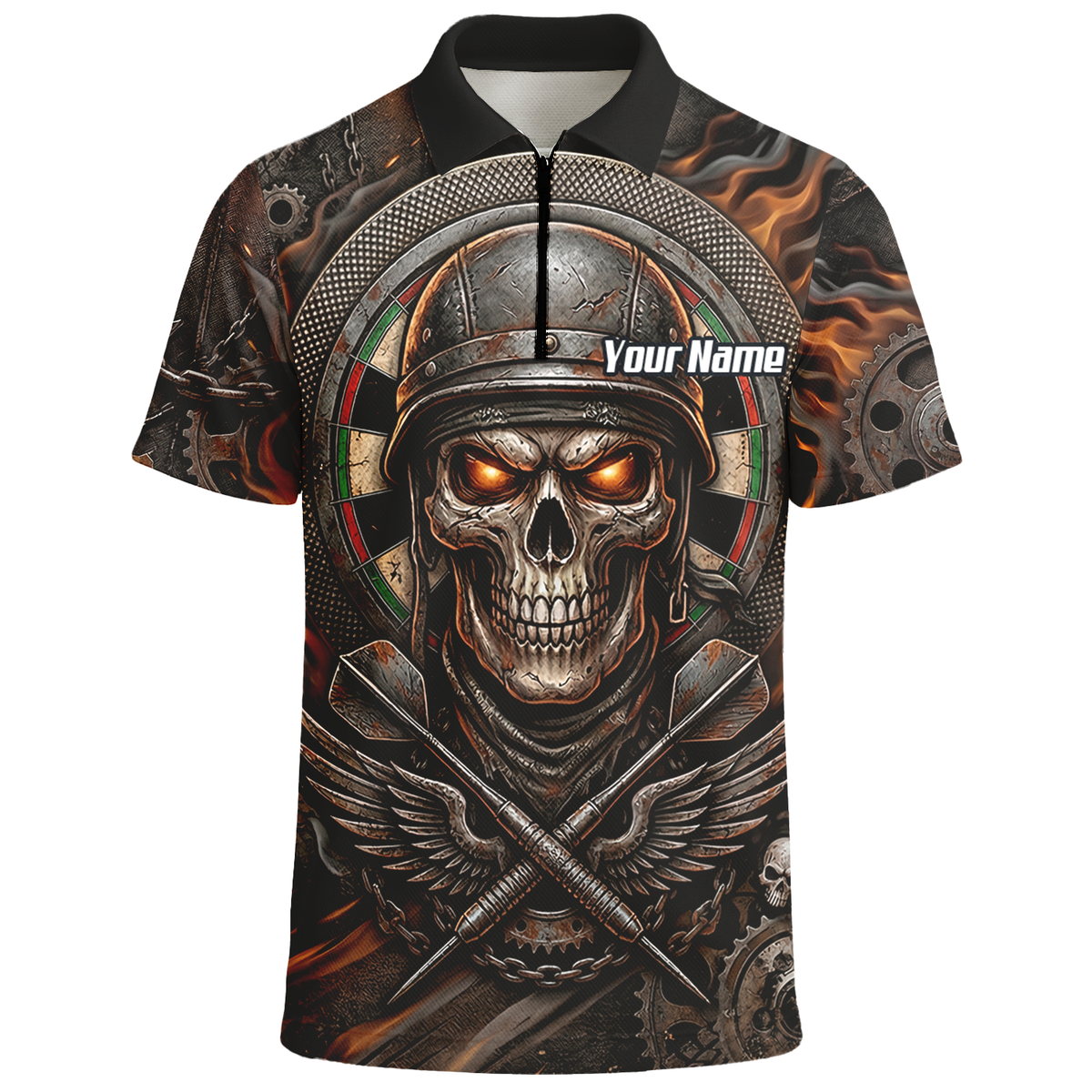 Personalised Skull Helmet Dart Jersey for Men Custom Name Darts Polo Shirt Fire Flame Sublimation Design B5126