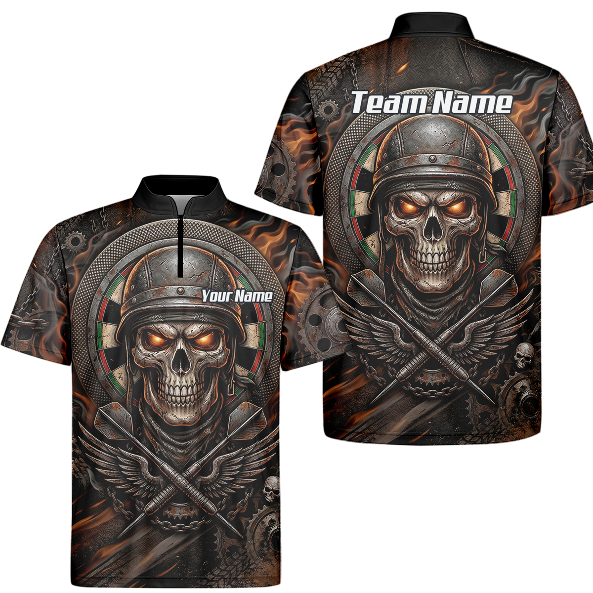Personalised Skull Helmet Dart Jersey for Men Custom Name Darts Polo Shirt Fire Flame Sublimation Design B5126