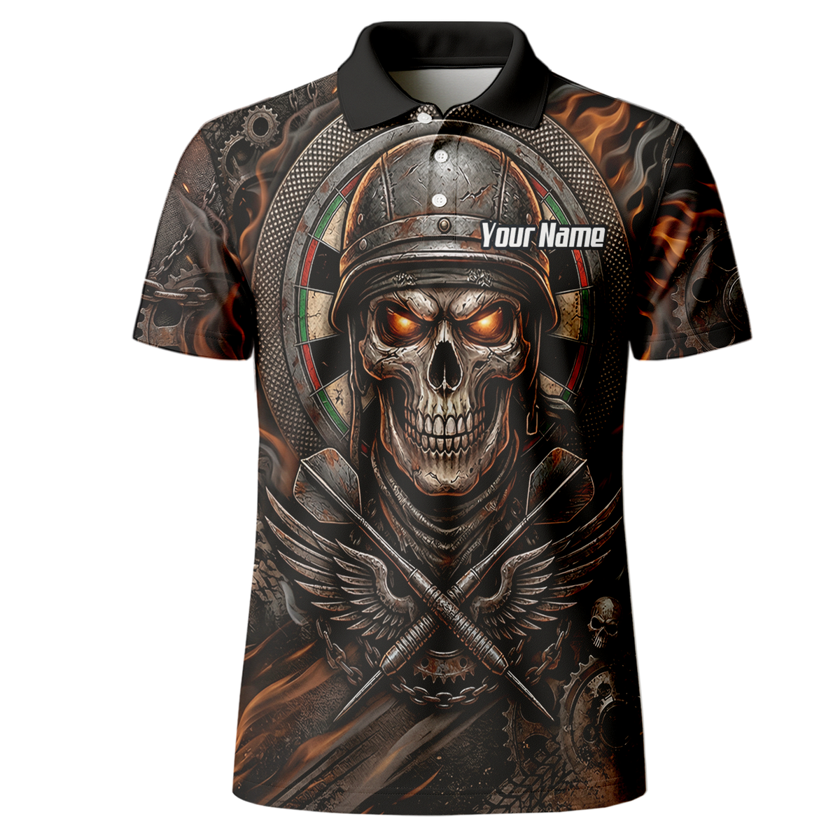 Personalised Skull Helmet Dart Jersey for Men Custom Name Darts Polo Shirt Fire Flame Sublimation Design B5126