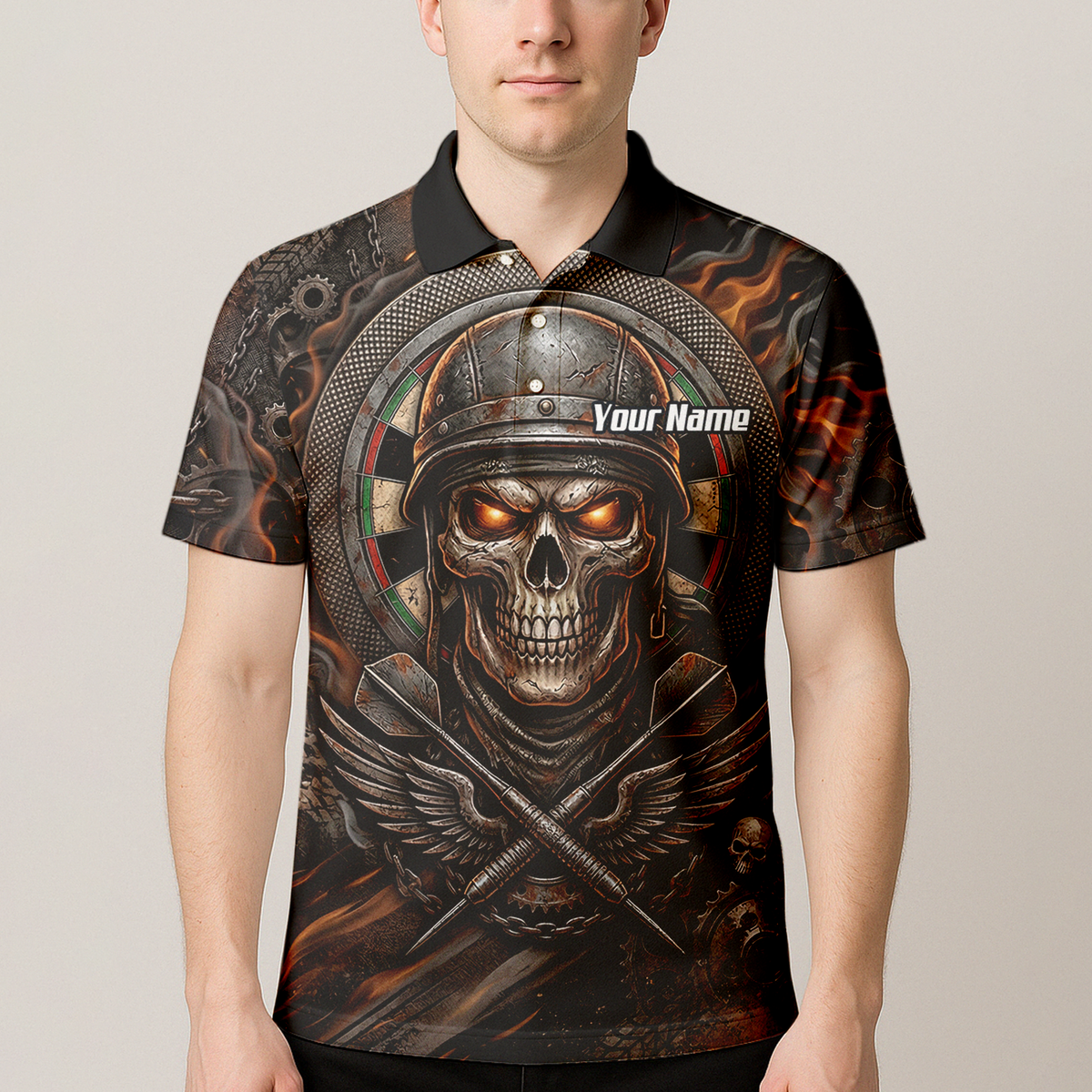Personalised Skull Helmet Dart Jersey for Men Custom Name Darts Polo Shirt Fire Flame Sublimation Design B5126