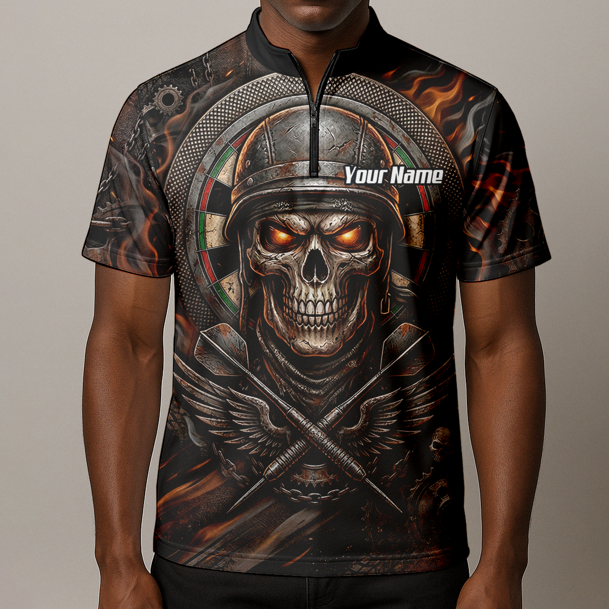 Personalised Skull Helmet Dart Jersey for Men Custom Name Darts Polo Shirt Fire Flame Sublimation Design B5126