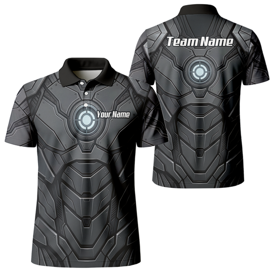 Personalised Men's Cybernetic Robot Armor Dart Jersey Custom Name Team Polo Shirt Grey Black C3855