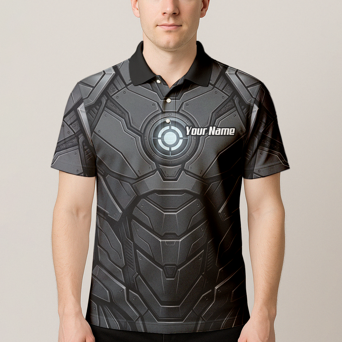 Personalised Men's Cybernetic Robot Armor Dart Jersey Custom Name Team Polo Shirt Grey Black C3855