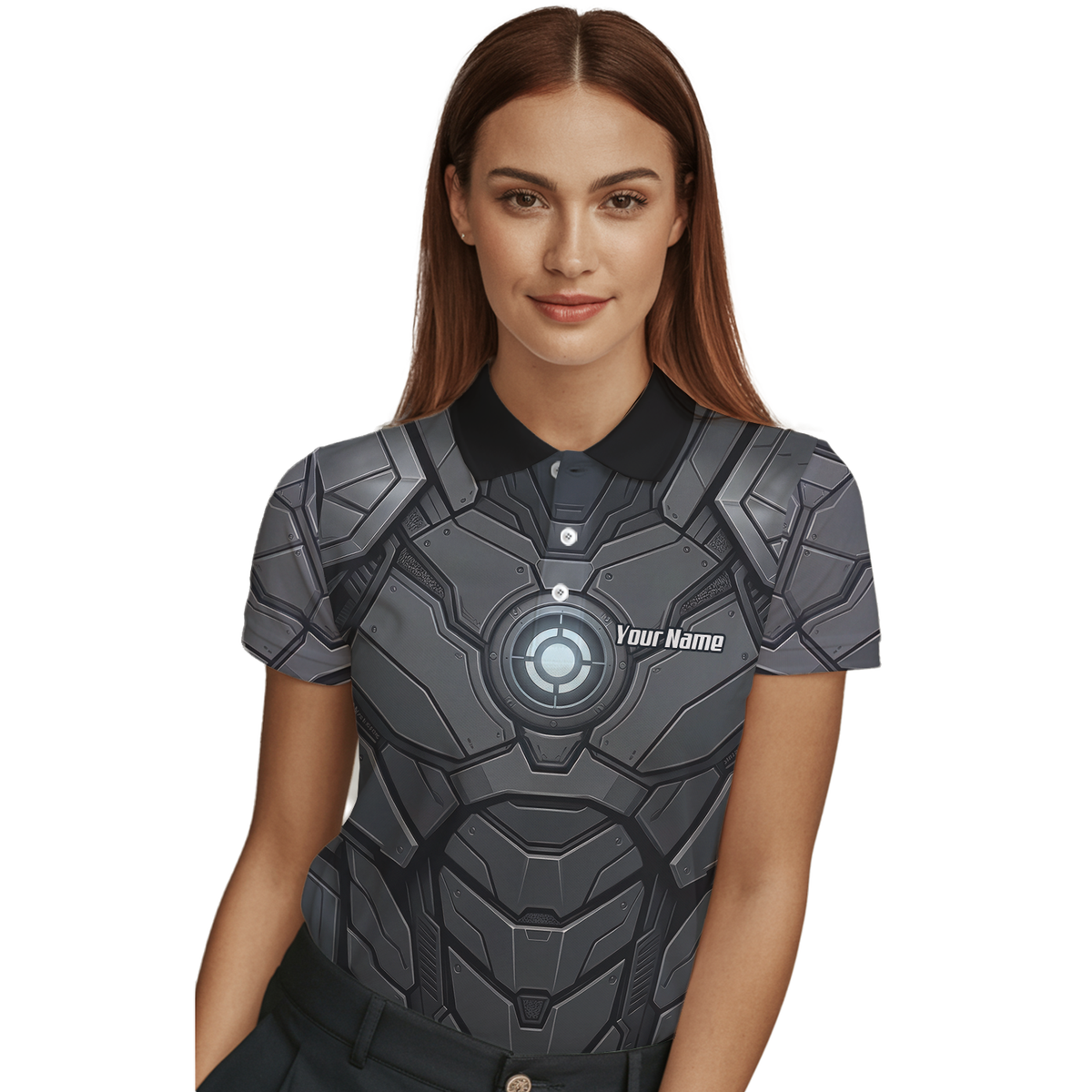 Personalised Women's Cybernetic Robot Armor Dart Jersey Custom Name Team Polo Shirt Grey Black C3855