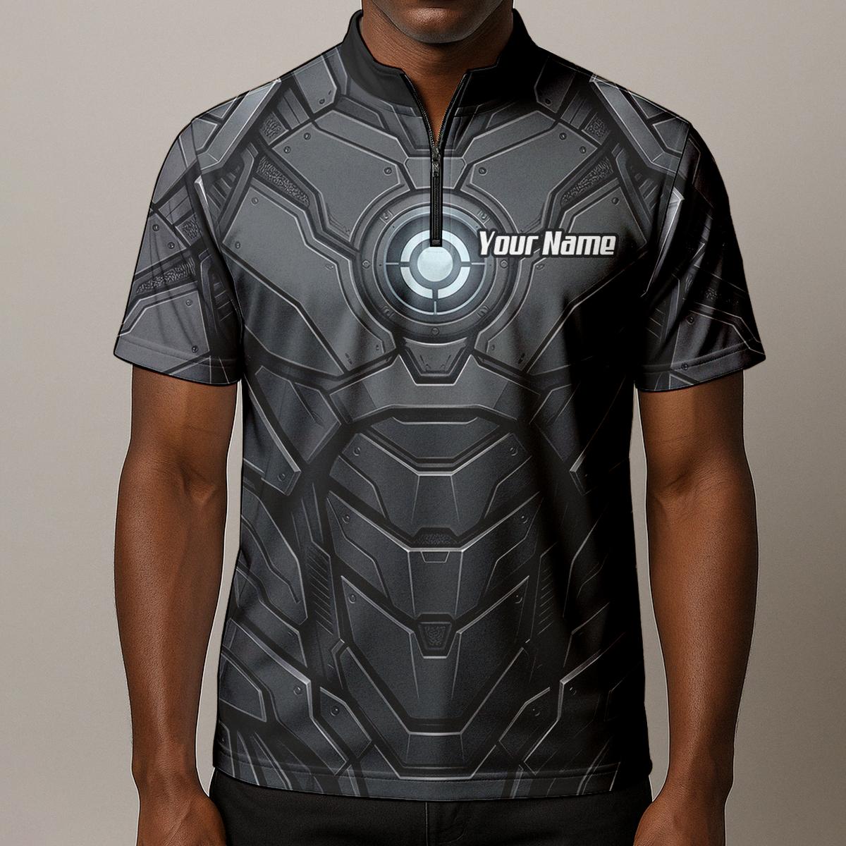 Personalised Men's Cybernetic Robot Armor Dart Jersey Custom Name Team Polo Shirt Grey Black C3855